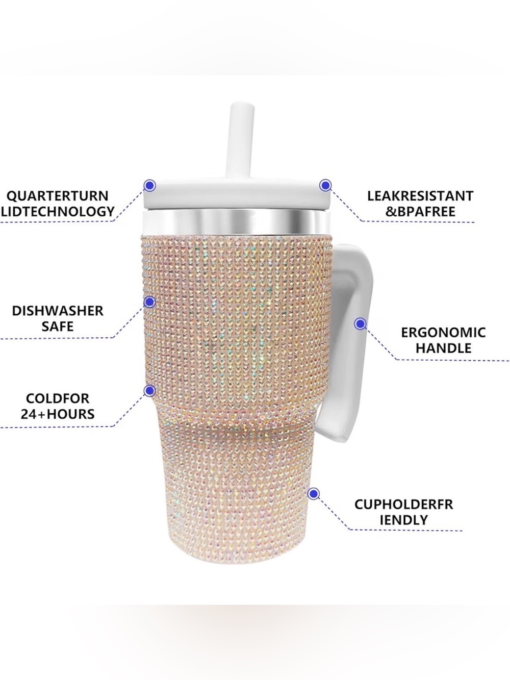 Iridescent Rhinestone Travel Tumbler with Handle and Straw